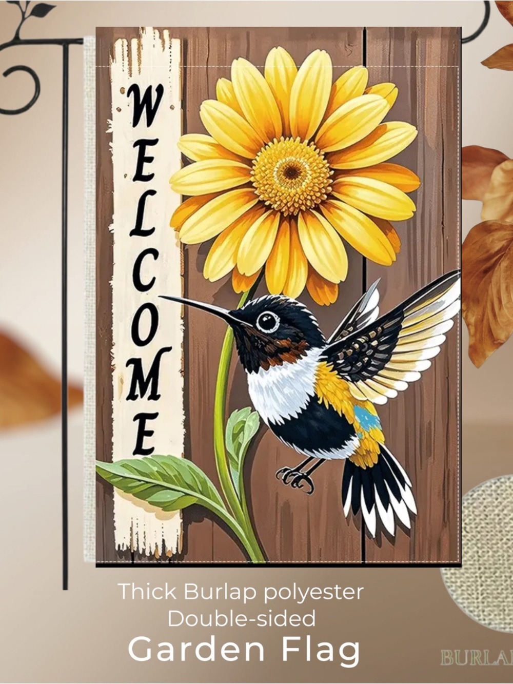 Welcome Sunflower Hummingbird Double Sided Burlap Garden Flag, approx 12”x18”
